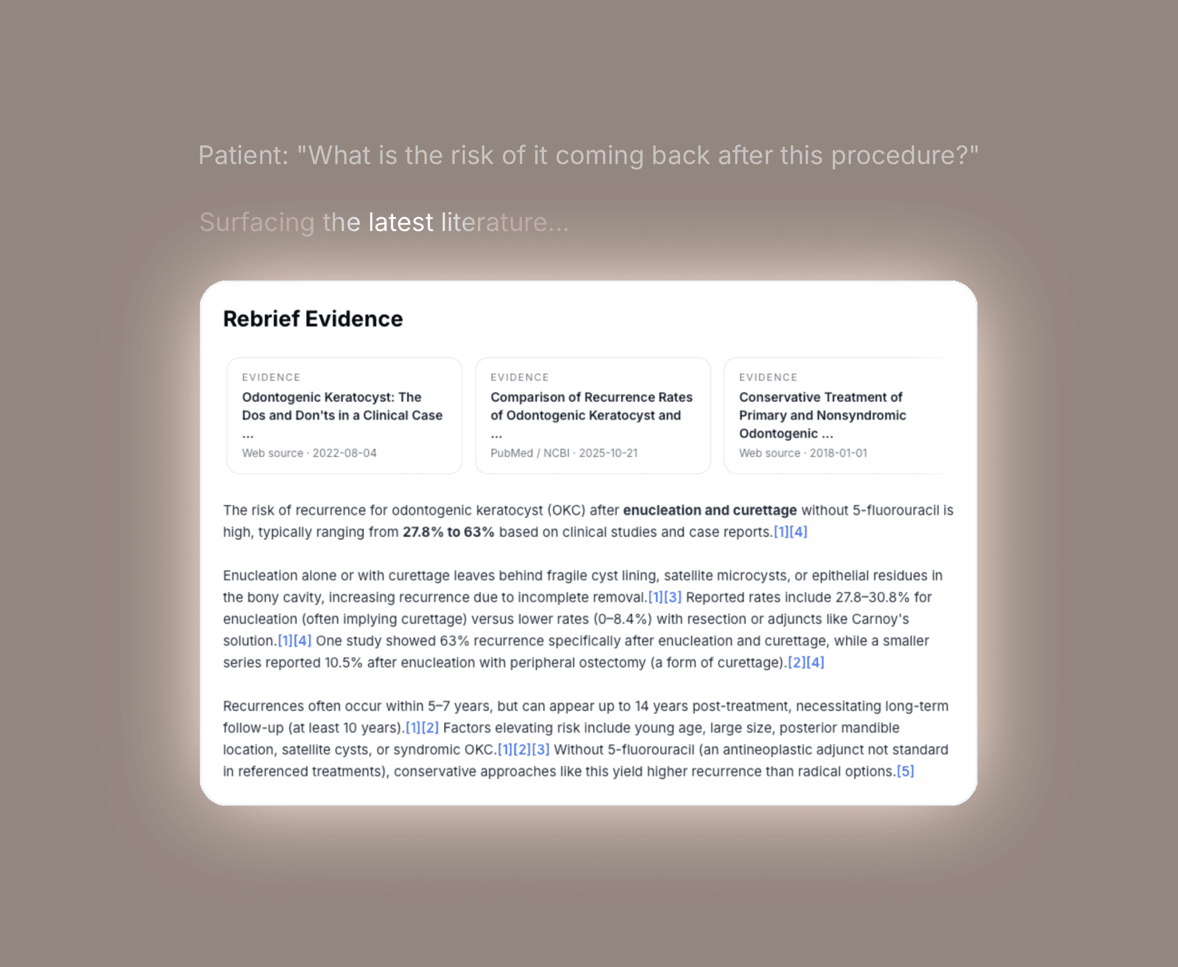 Rebrief Evidence surfacing a concise, source-linked clinical synthesis inside a live appointment